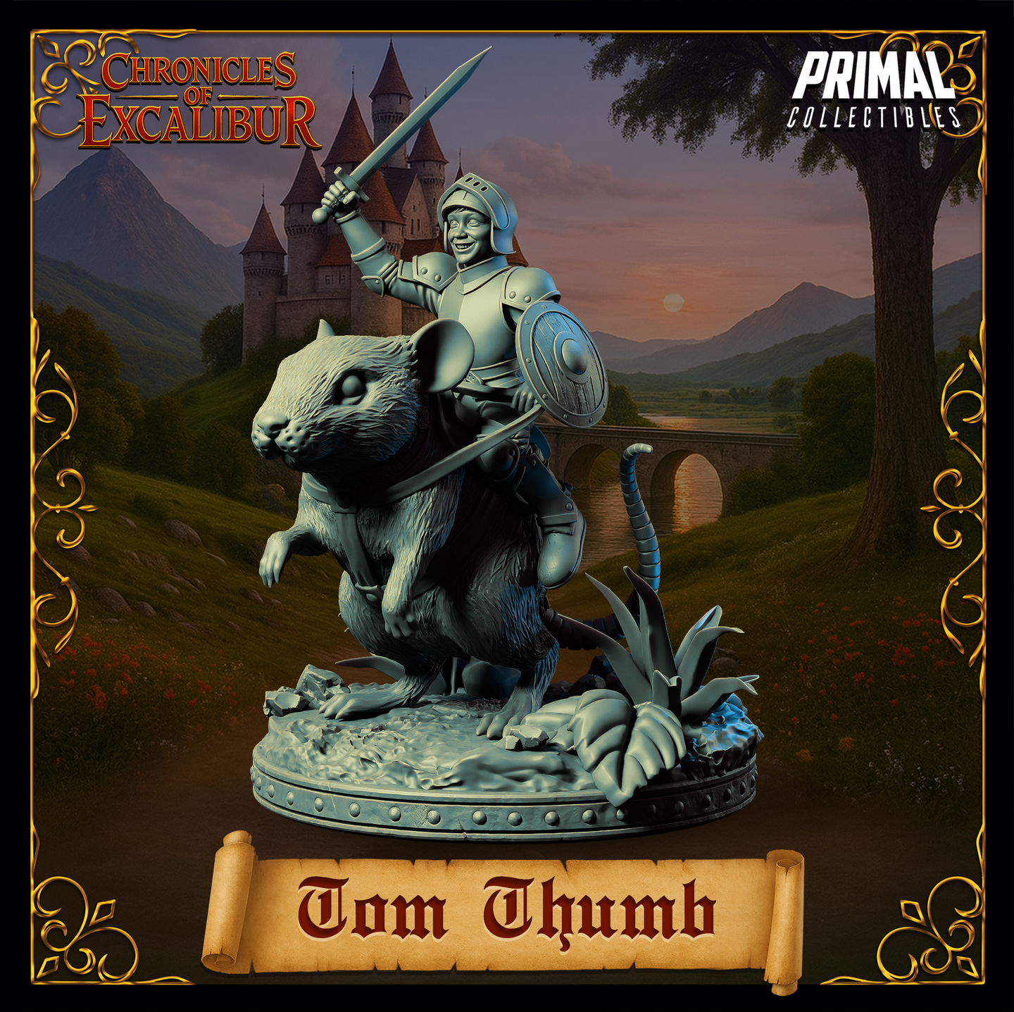 Digital render of Tom Thumb miniature showing the knight's gleeful expression, visor-open helm, and raised sword, seated atop a heavily textured giant rat mount. Front-left angle highlighting the shield detail and scenic base.