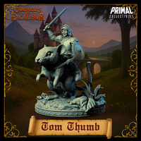 Digital render of Tom Thumb miniature showing the knight's gleeful expression, visor-open helm, and raised sword, seated atop a heavily textured giant rat mount. Front-left angle highlighting the shield detail and scenic base.