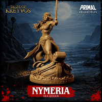 Nymeria Sea Queen by Primal Collectibles — close-up emphasising the facial expression: focused and commanding, framed by a jewelled headband and loose flowing hair, with the scimitar raised high and a detailed layered necklace visible across the chest.
