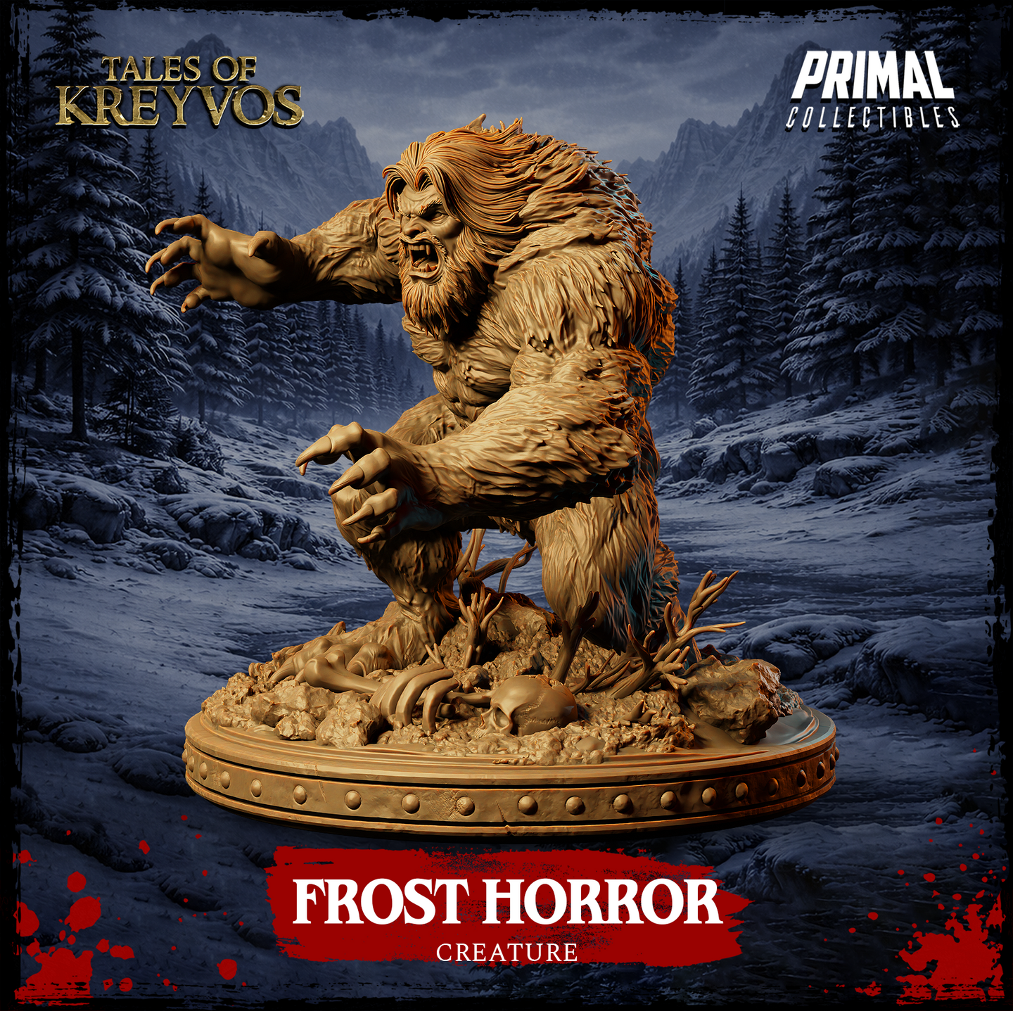 Side-angle digital render of the Frost Horror miniature — showing the sweeping silhouette of the creature's fur-covered back, raised clawed arm, and the detailed scatter base with bare-branched scrub and skeletal remains, set against a twilight alpine forest backdrop