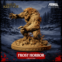 Side-angle digital render of the Frost Horror miniature — showing the sweeping silhouette of the creature's fur-covered back, raised clawed arm, and the detailed scatter base with bare-branched scrub and skeletal remains, set against a twilight alpine forest backdrop