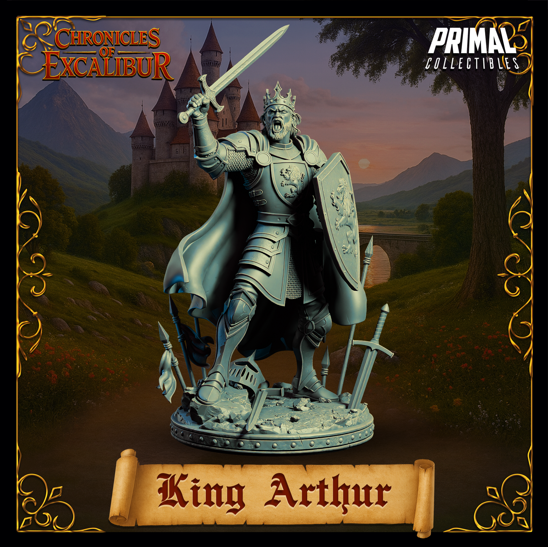 Unpainted grey resin digital render of King Arthur miniature from Chronicles of Excalibur — three-quarter front view highlighting the rampant lion breastplate detail, raised Excalibur, heater shield with lion emblem, and billowing cloak over the rubble-covered scenic base