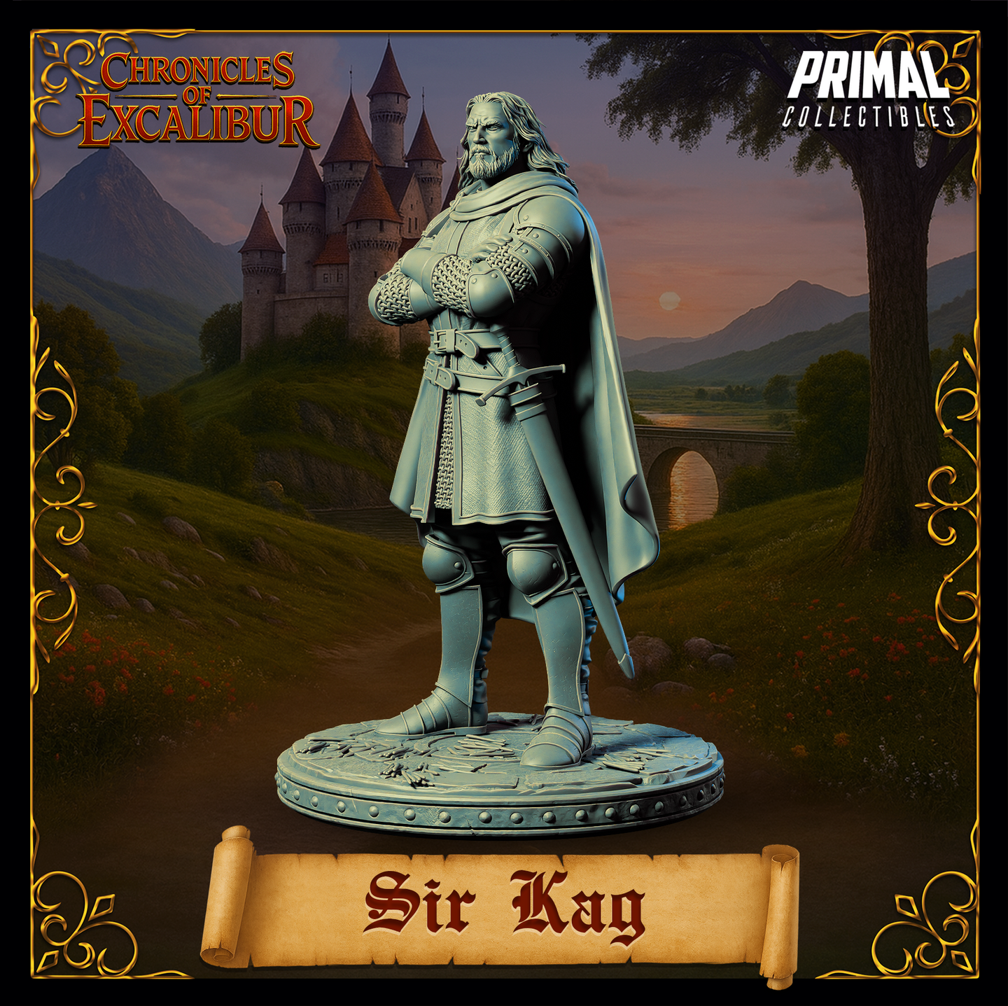 Digital render of Sir Kay miniature from Chronicles of Excalibur — unpainted grey sculpt showing the same arms-crossed knight pose from a slight three-quarter angle, emphasising the heavy cloak sweeping behind him and the layered chainmail and plate armour detail, on a decorated round base
