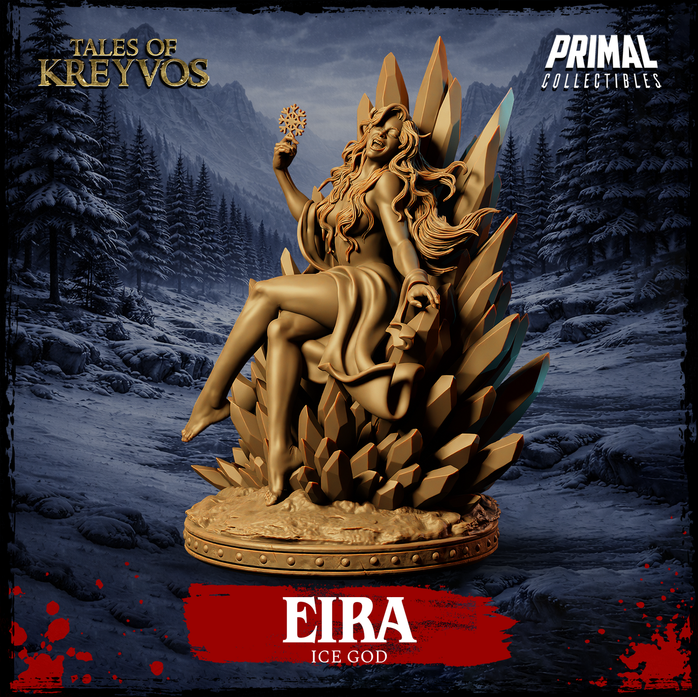 Front-right render of Eira the Ice God miniature from Tales of Kreyvos by Primal Collectibles — unpainted golden sculpt showing the crystal throne detail, flowing draped cloth, and Eira's exultant open-mouthed expression from the opposite angle