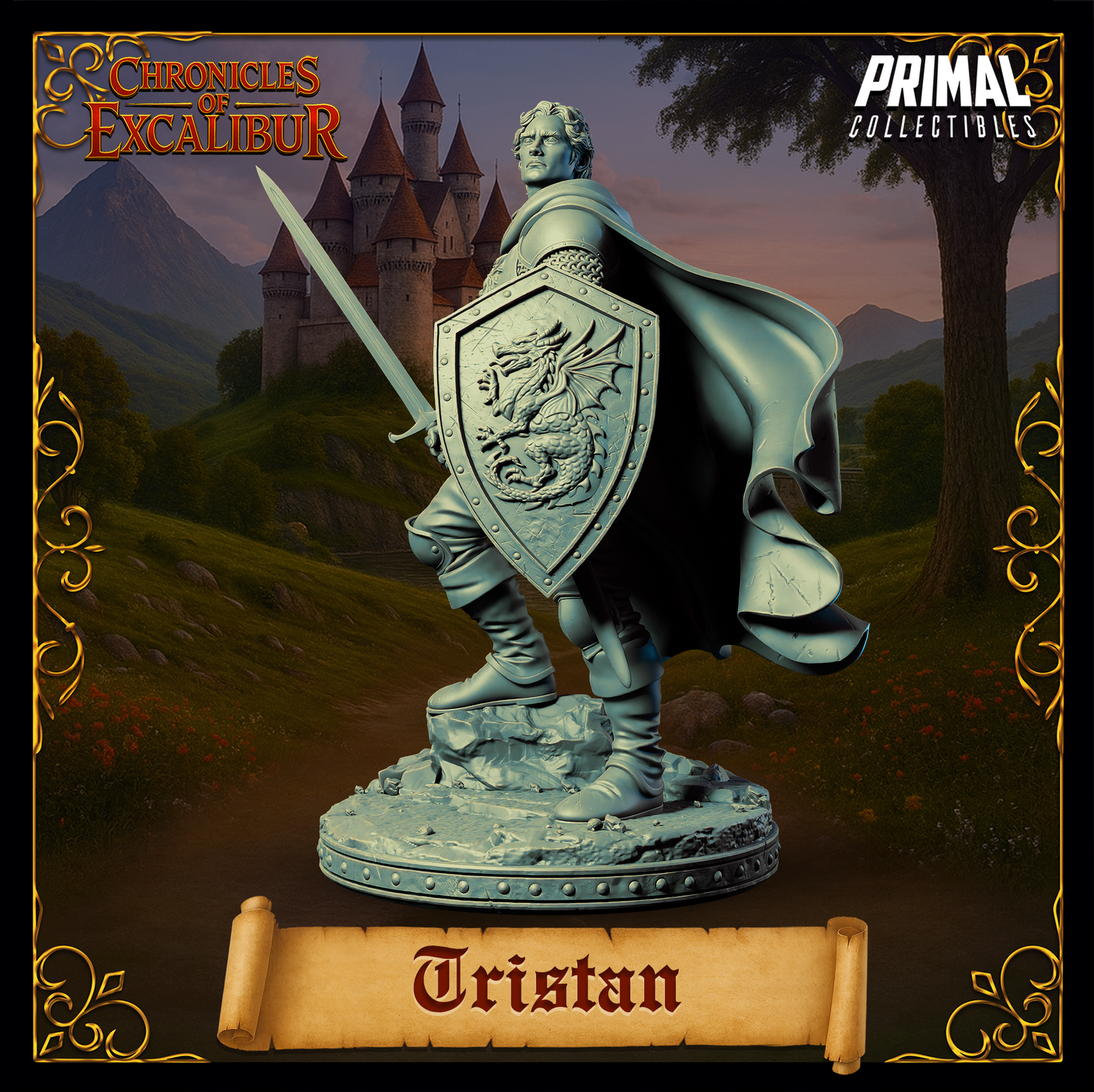 32mm unpainted grey resin render of Tristan from Chronicles of Excalibur — side-on pose showing the knight advancing with shield raised and displaying the full dragon heraldry, longsword extended, dark cape flowing behind him on a rocky base