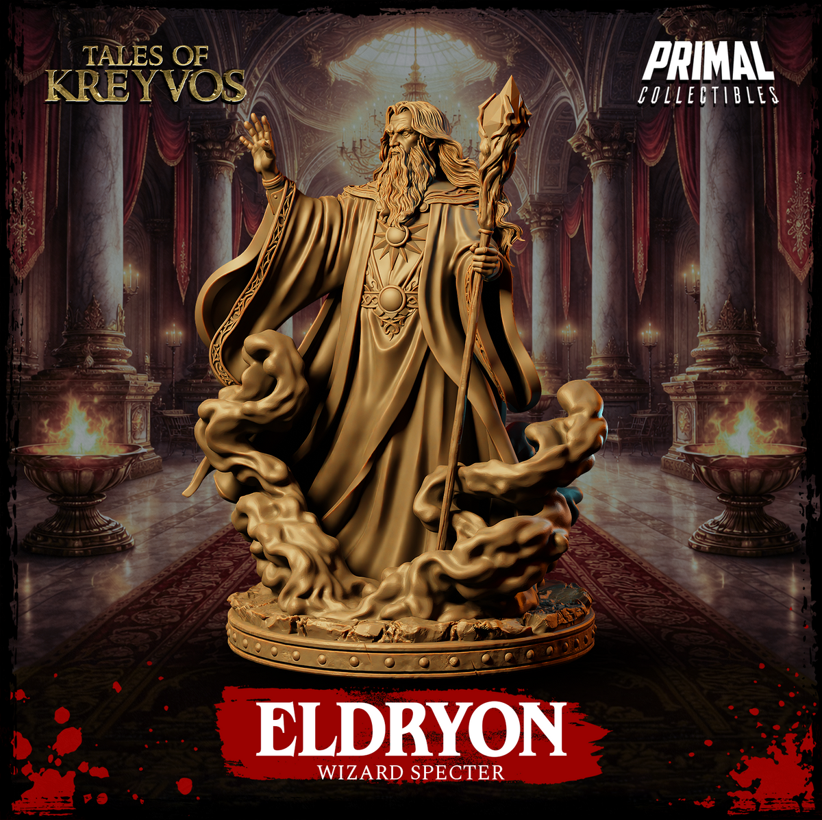 Eldryon Wizard Specter by Primal Collectibles viewed at mid-distance: flowing robes, sun-disc brooch at chest, staff in right hand, spectral mist and cracked stone at the base.