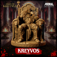 Full-body view of Kreyvos enthroned, showing armoured legs with knee plate detail, fur-draped lap, heavy boots, and the lion-head armrests of his ornate throne on a round sculpted base. Sculpt by Primal Collectibles.
