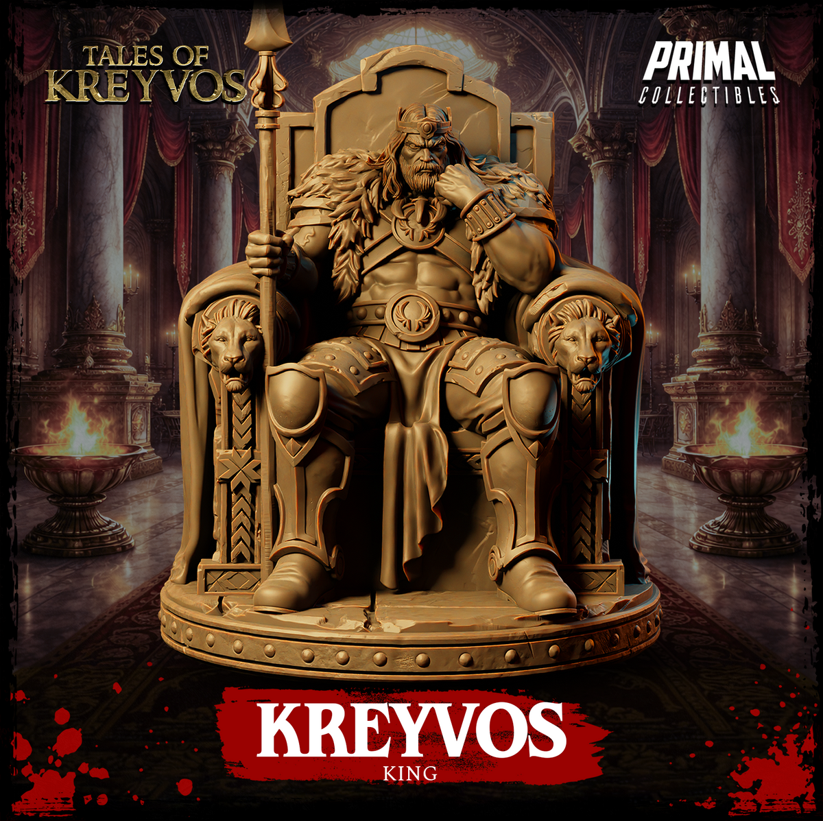 Full-body view of Kreyvos enthroned, showing armoured legs with knee plate detail, fur-draped lap, heavy boots, and the lion-head armrests of his ornate throne on a round sculpted base. Sculpt by Primal Collectibles.