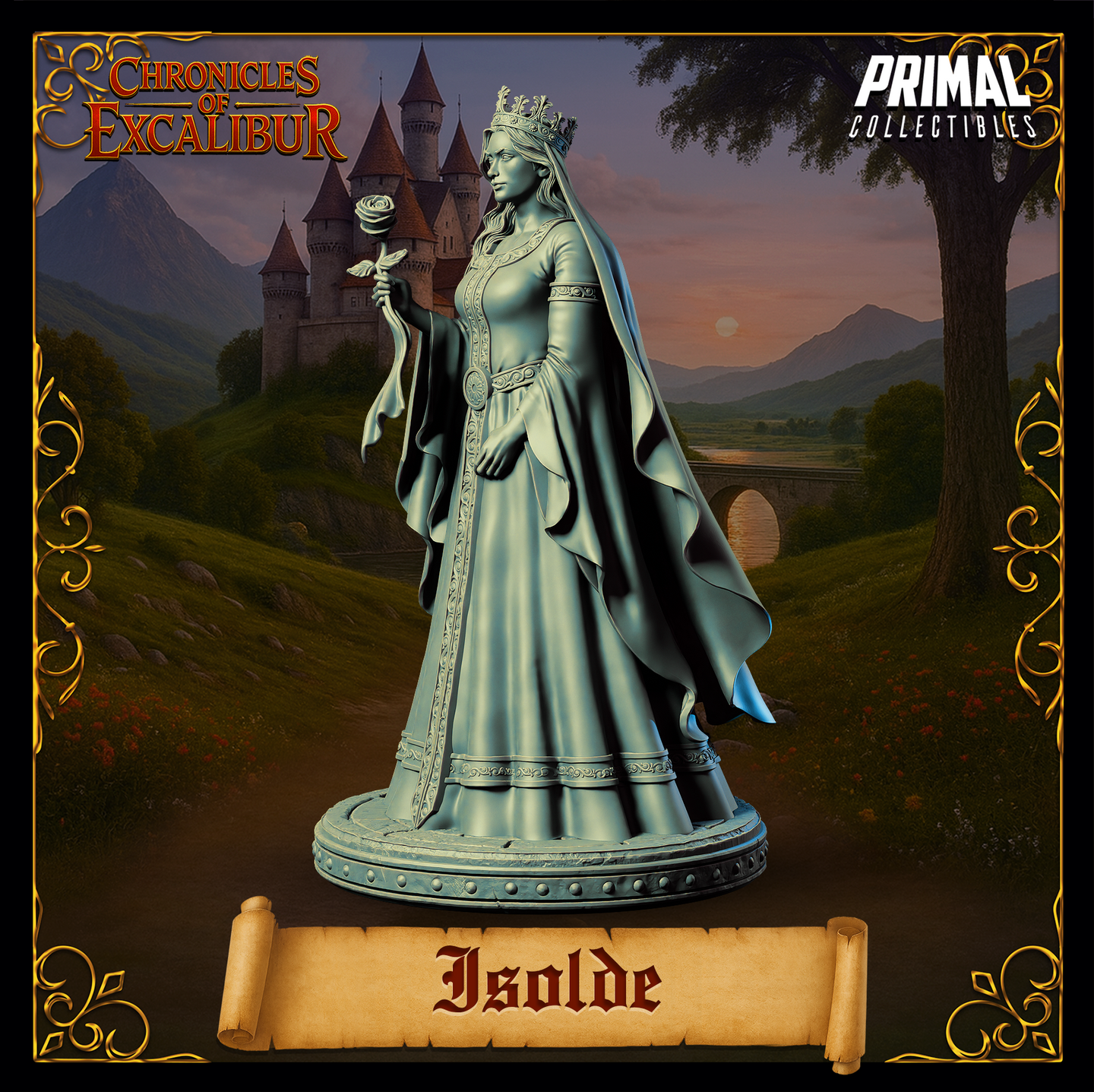 Three-quarter side view digital render of Isolde miniature — unpainted grey resin, showing the drape of her cape, crown detail, and rose held aloft, on a studded circular base with castle backdrop