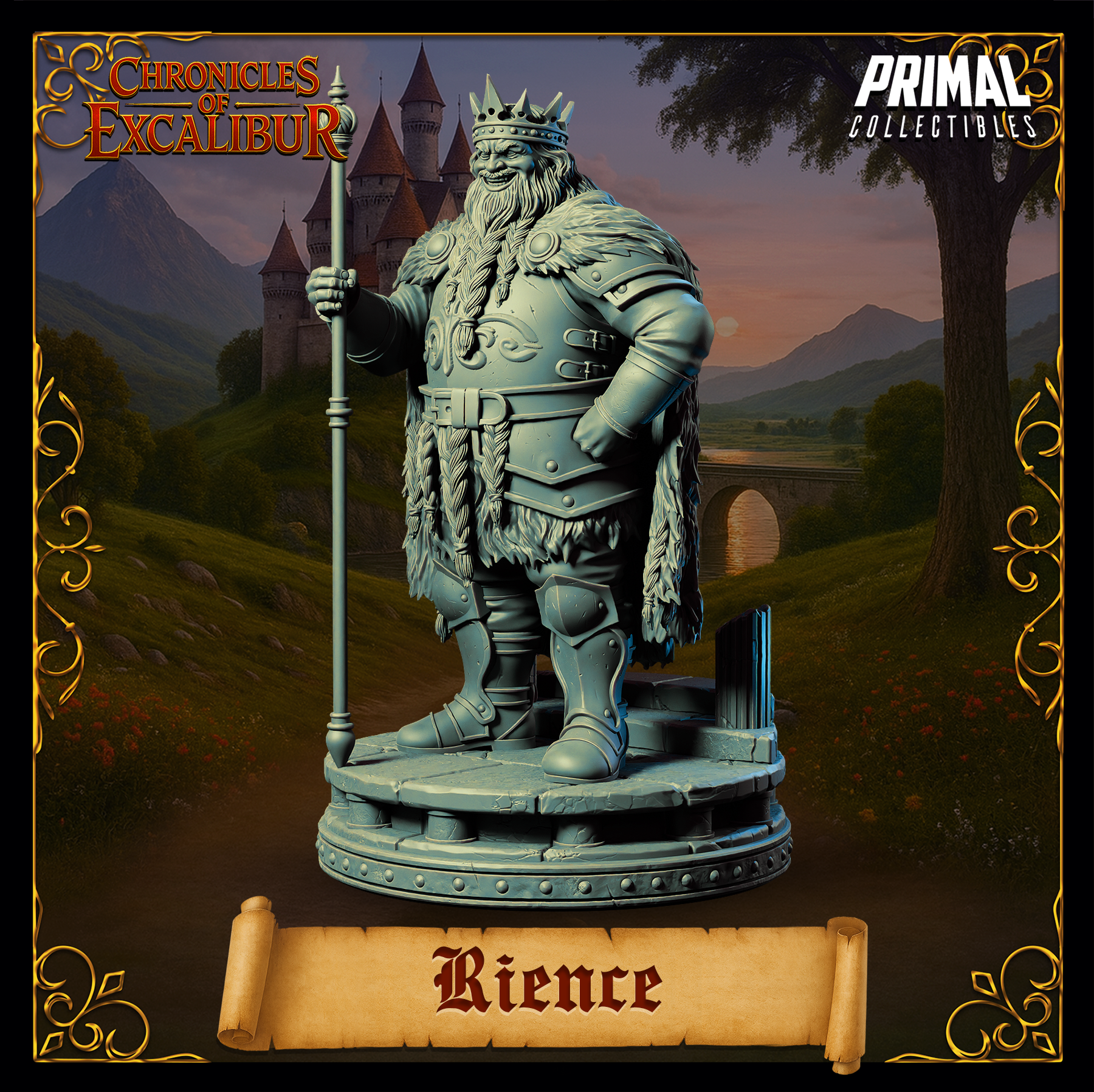 Digital render of King Rience miniature in grey showing a slightly different standing pose — full-length view of the armoured king with braided beard, engraved breastplate, fur cloak, spiked crown and ceremonial staff, on a cracked stone base with ruined masonry detail.