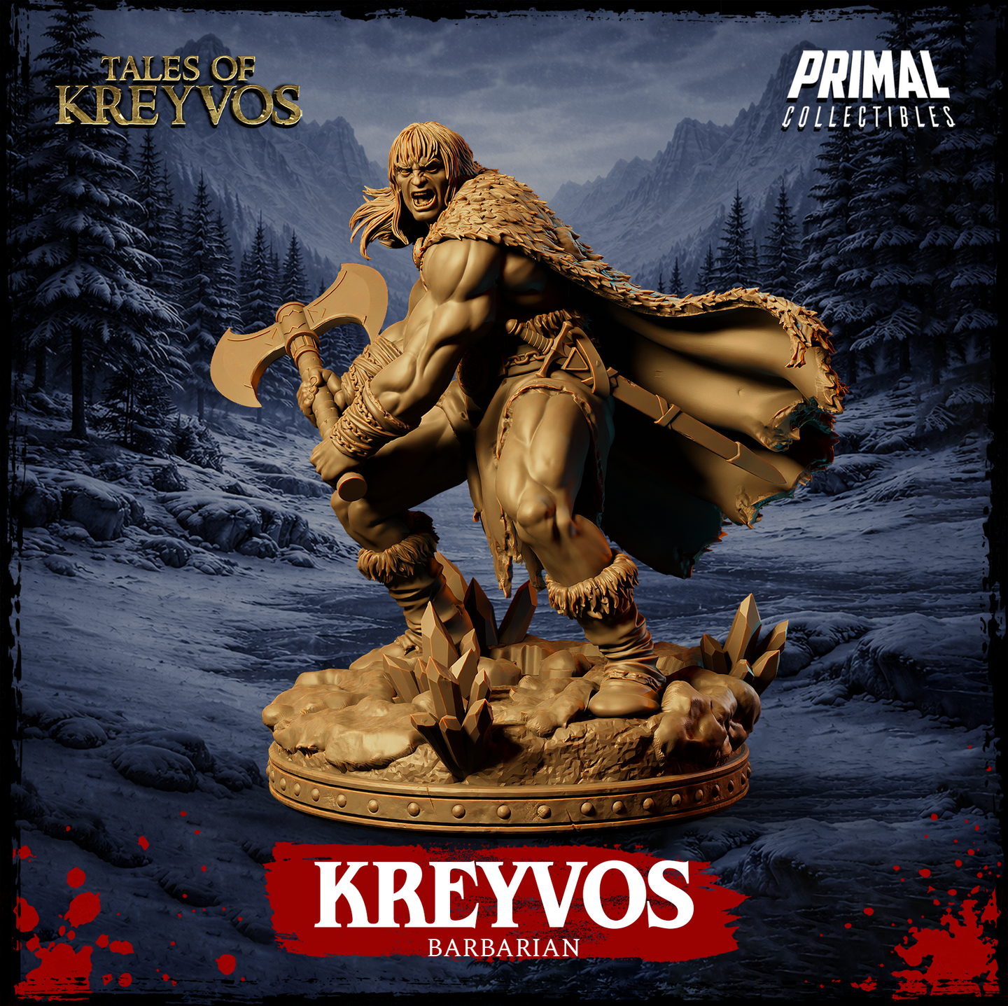 Side-angle digital render of the Kreyvos barbarian miniature showing the wide combat stance, billowing fur-trimmed cloak, leather cord arm bindings, chain medallion, and detailed frozen ground base with jagged crystal formations erupting from rocky rubble