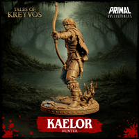Three-quarter side view digital render of Kaelor the Hunter in a low stalking pose — bow raised and partially drawn, one knee bent, wearing layered woodland leathers and leg wrappings, on a swamp base with standing water and twisted roots. Unpainted warm tan resin. Tales of Kreyvos by Primal Collectibles.