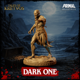 Demon figure with one arm stretched wide and clawed fingers spread, lean musculature visible across chest and abdomen, skull-motif belt clasp prominent at the waist. Sculpt by Primal Collectibles.