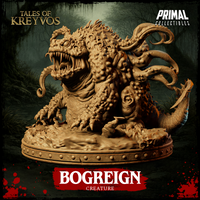Three-quarter view digital render of the Bogreign miniature showing a second sculpt variant — the creature lunges low with a secondary malformed head visible at its flank, tentacles coiling outward, clawed feet gripping the swamp base. Tan resin colourway. Tales of Kreyvos by Primal Collectibles.