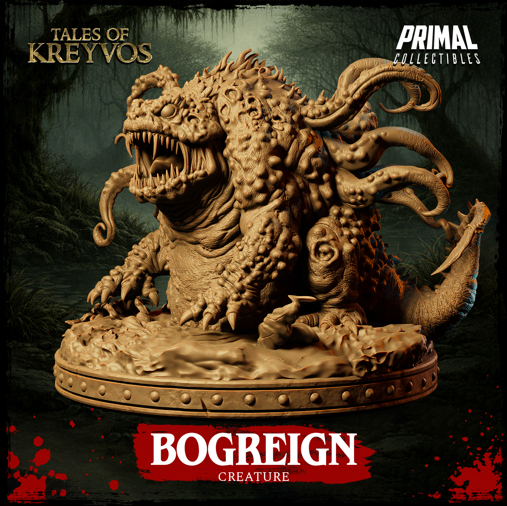 Three-quarter view digital render of the Bogreign miniature showing a second sculpt variant — the creature lunges low with a secondary malformed head visible at its flank, tentacles coiling outward, clawed feet gripping the swamp base. Tan resin colourway. Tales of Kreyvos by Primal Collectibles.