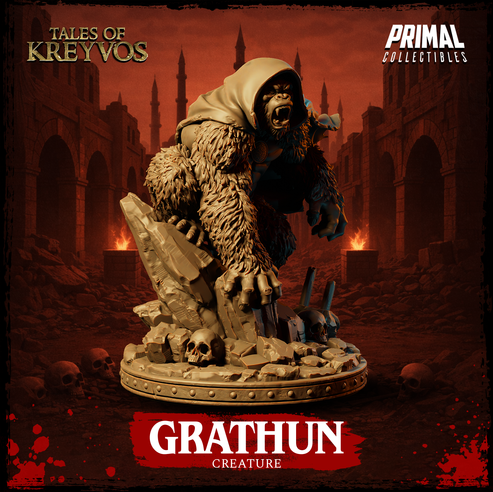 Grathun miniature seen from a slightly lower angle to the right, cloak billowing behind, both arms outstretched with claws spread, broad muscular torso visible, skull-strewn rubble base. By Primal Collectibles.
