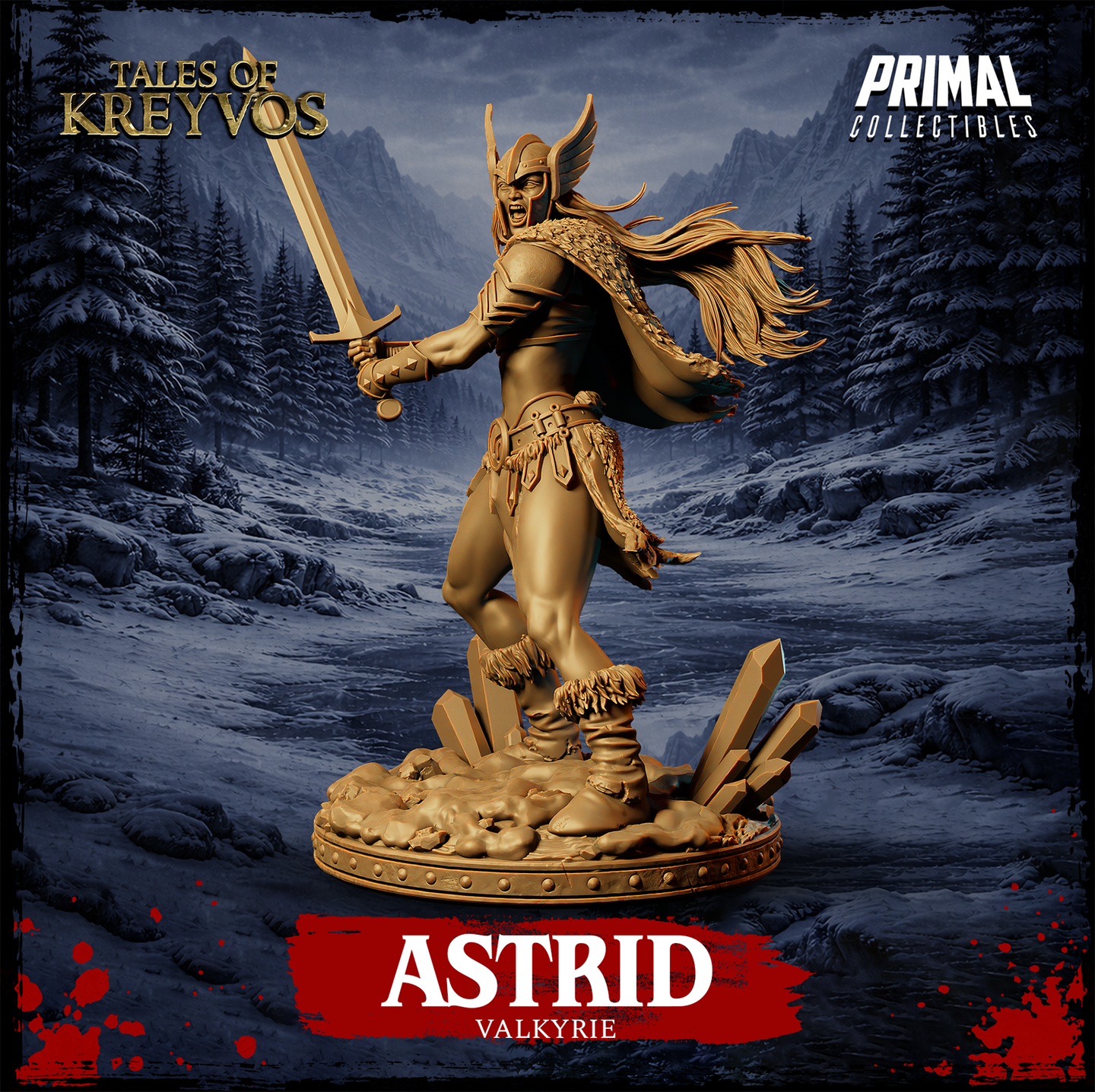 Three-quarter view of Astrid the Valkyrie miniature — unpainted gold render showing the longsword variation with flowing hair, pauldrons, and layered armour detail against a snowy mountain backdrop, Tales of Kreyvos by Primal Collectibles