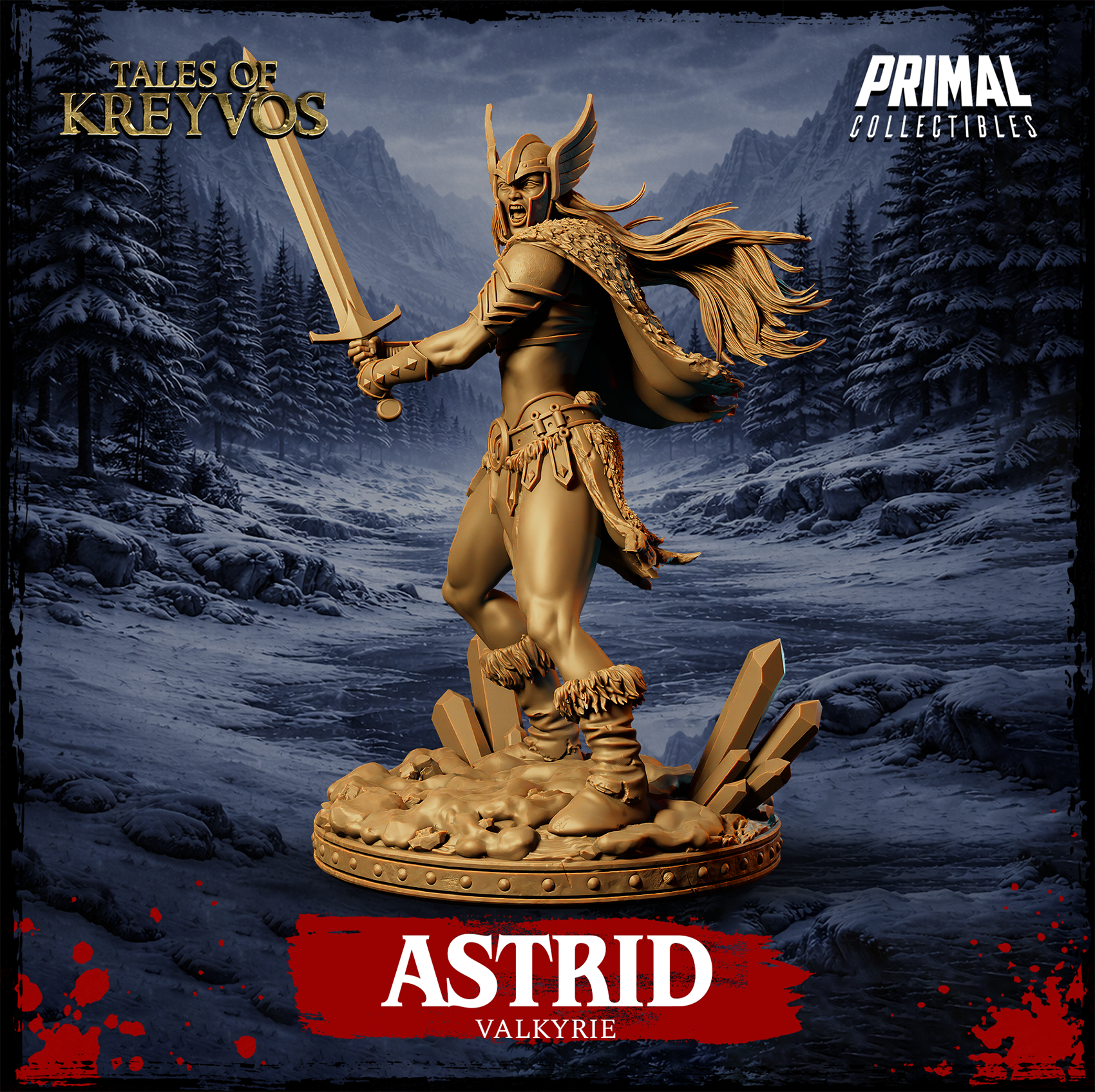 Three-quarter view of Astrid the Valkyrie miniature — unpainted gold render showing the longsword variation with flowing hair, pauldrons, and layered armour detail against a snowy mountain backdrop, Tales of Kreyvos by Primal Collectibles
