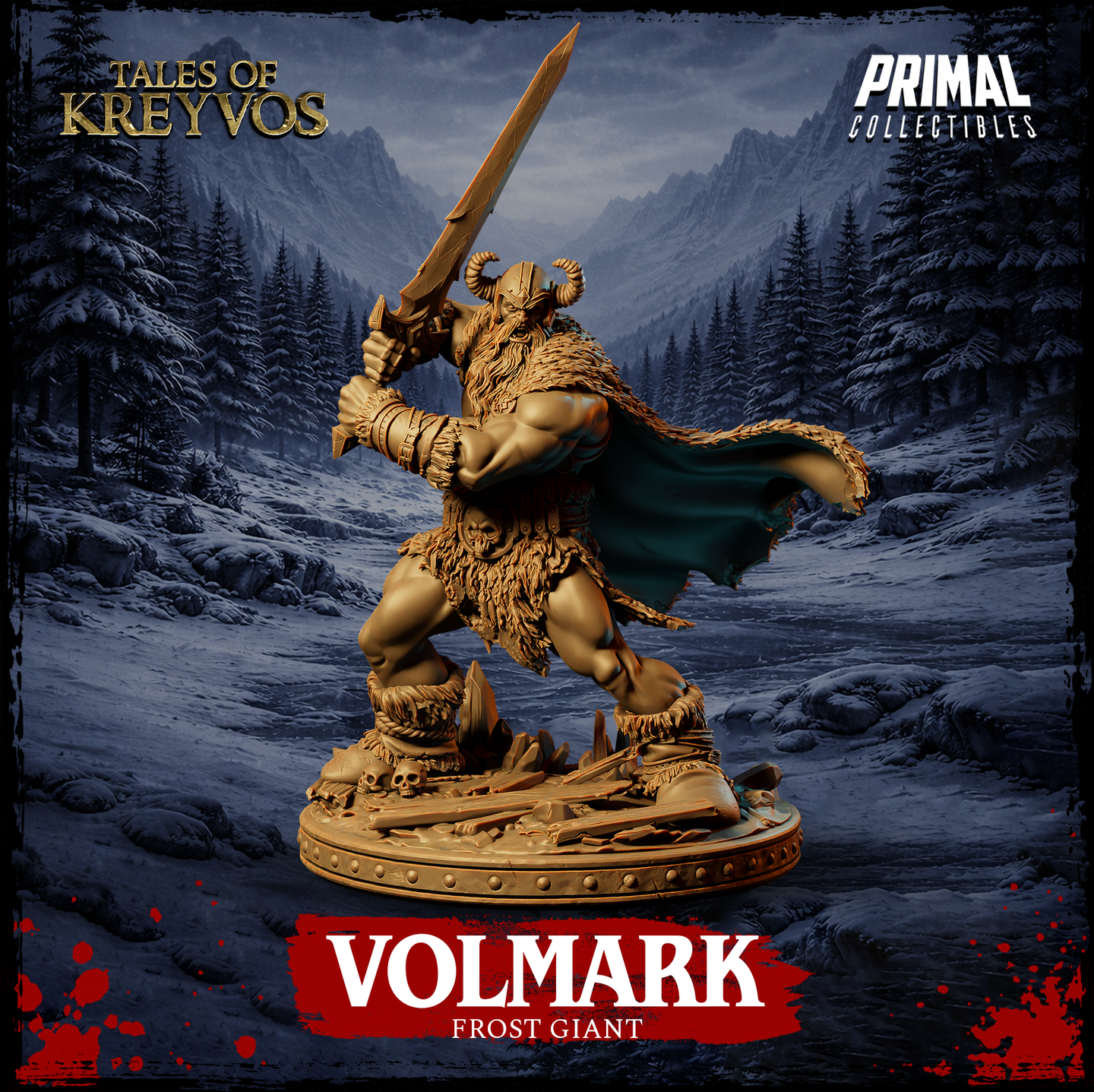 Side-angle digital render of Volmark the Frost Giant miniature by Primal Collectibles — showing the full profile of the dynamic attacking pose, greatsword extended high, heavy cloak flowing behind, fur and hide armour clearly visible across the torso and legs, with skull trophy detail at the belt, on a debris-strewn scenic base