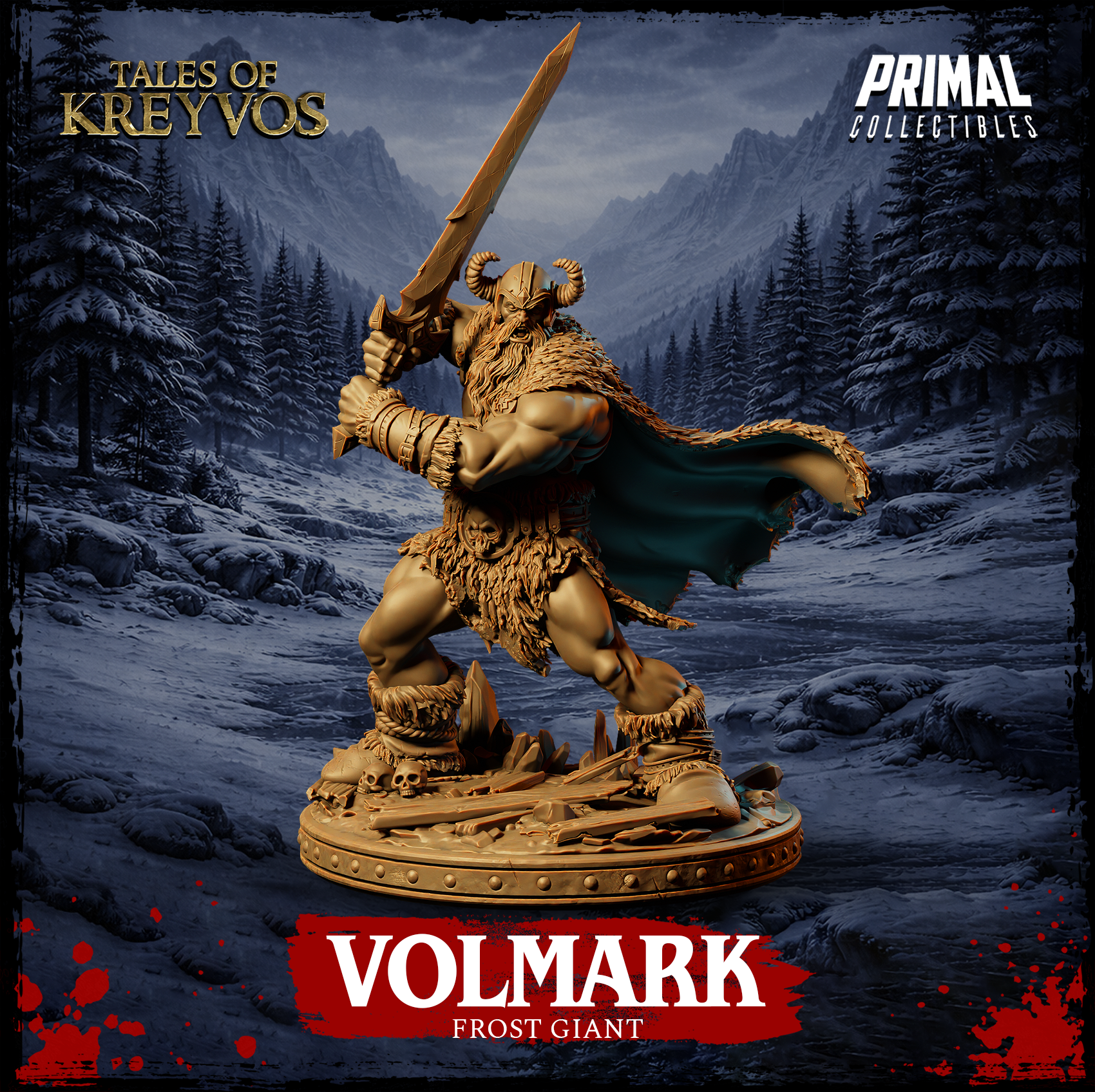 Side-angle digital render of Volmark the Frost Giant miniature by Primal Collectibles — showing the full profile of the dynamic attacking pose, greatsword extended high, heavy cloak flowing behind, fur and hide armour clearly visible across the torso and legs, with skull trophy detail at the belt, on a debris-strewn scenic base