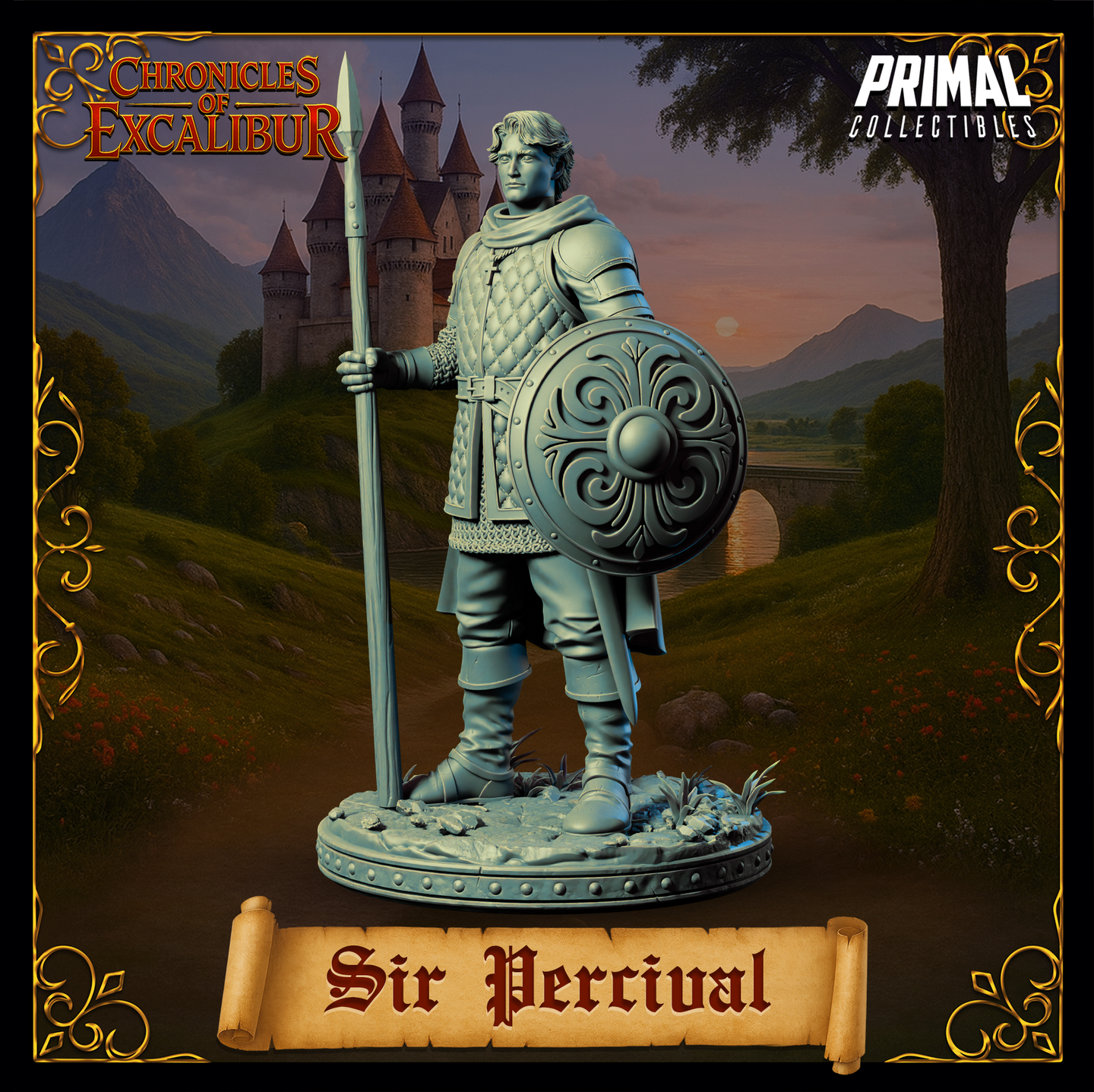 Unpainted grey resin digital render of Sir Percival miniature from Chronicles of Excalibur — three-quarter front view showing the knight's quilted armour, cross chest detail, chainmail cuffs, belted waist, spear and intricately decorated round shield, on a detailed scenic base with castle backdrop