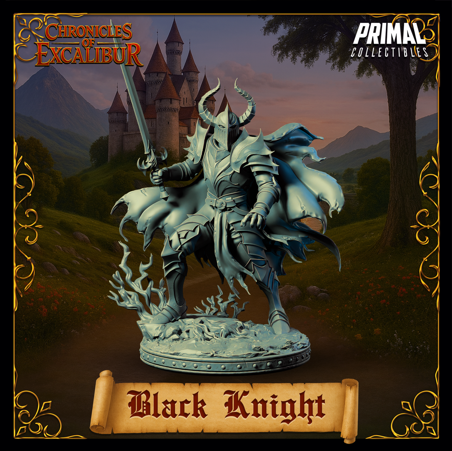 Black Knight 32mm resin miniature — slight left-angle view highlighting the flowing tattered cape, spiked pauldrons, and masked faceless helm. The longsword is held aloft and the left hand is outstretched. Spectral tendrils rise from the rubble-strewn base. Digital render, unpainted grey.