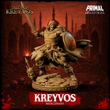 Angled view of a muscular barbarian miniature lunging forward, longsword raised high across the body, tattered cloak spread wide behind the shield arm, skull-adorned belt buckle clearly visible, worn leather boots, broken stone slab base with skull details. Sculpt by Primal Collectibles.