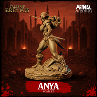 Anya Scarlet barbarian by Primal Collectibles: low front angle showing snarling facial expression, dual short swords crossed before her, detailed scale-mail chest, studded belt with skull buckle, fur-trimmed boots on debris-strewn base.