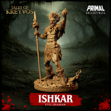 Ishkar Evil Shaman 32mm miniature render — commanding upright pose, skull staff held low, right index finger pointing upward, feathered chest adornments, detailed bone and root base, Tales of Kreyvos by Primal Collectibles