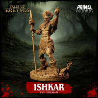 Ishkar Evil Shaman 32mm miniature render — commanding upright pose, skull staff held low, right index finger pointing upward, feathered chest adornments, detailed bone and root base, Tales of Kreyvos by Primal Collectibles