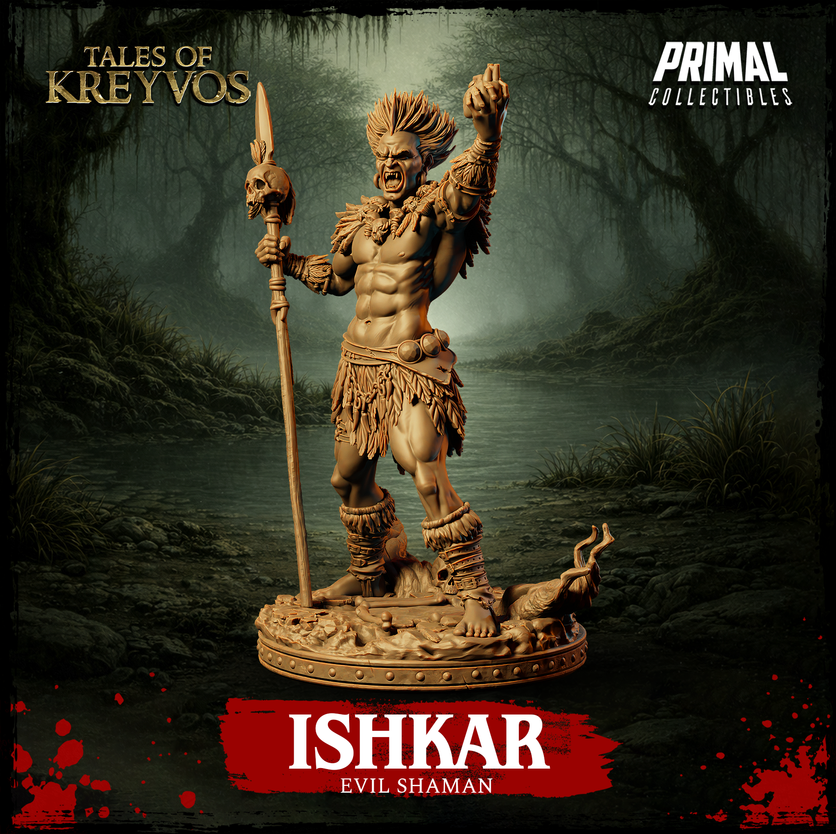Ishkar Evil Shaman 32mm miniature render — commanding upright pose, skull staff held low, right index finger pointing upward, feathered chest adornments, detailed bone and root base, Tales of Kreyvos by Primal Collectibles