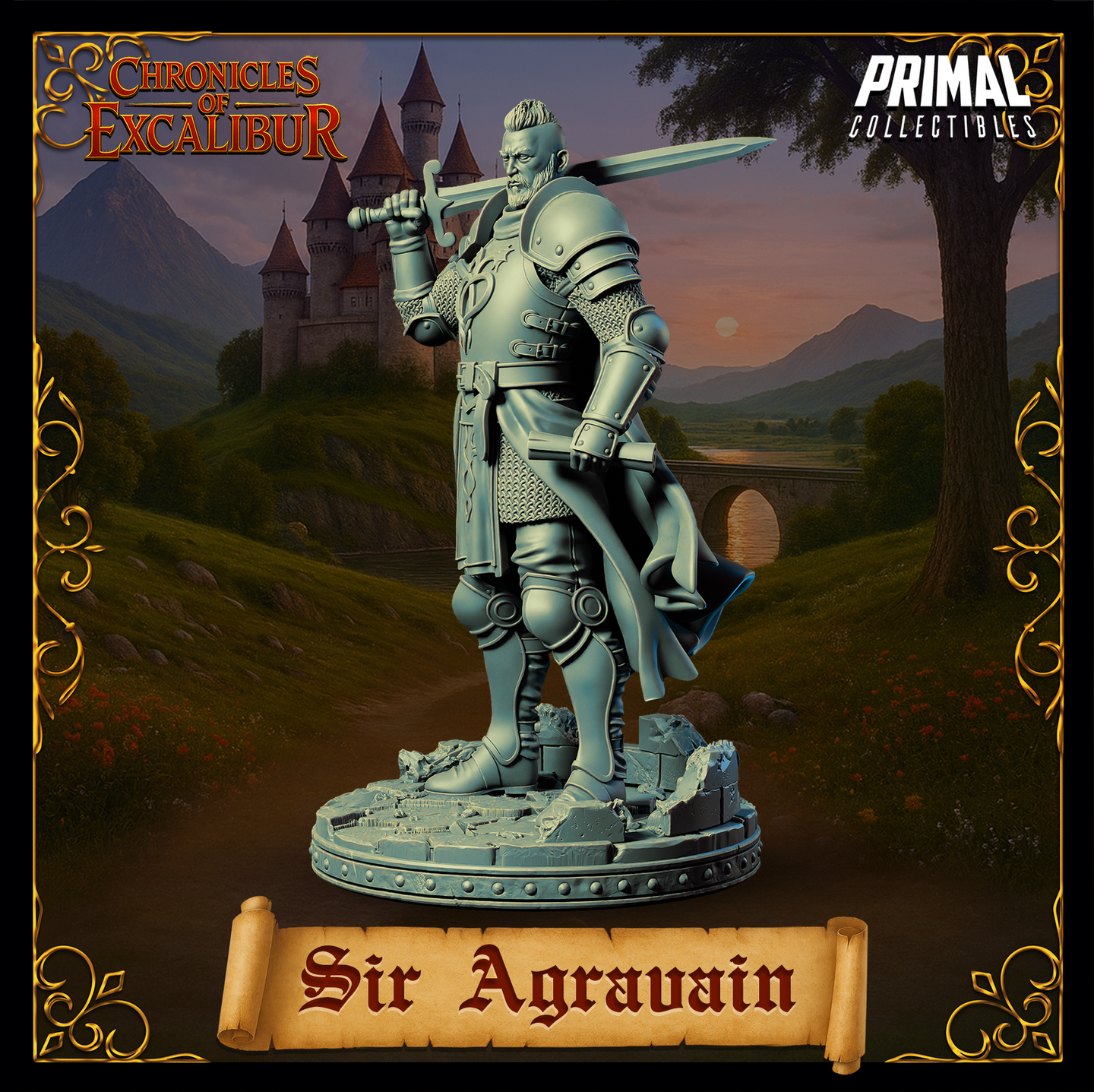 Sir Agravain 32mm miniature — unpainted grey render, three-quarter view showing longsword raised over right shoulder, stern expression, plate pauldrons over chainmail hauberk, flowing cloak, broken stonework base. Chronicles of Excalibur by Primal Collectibles.