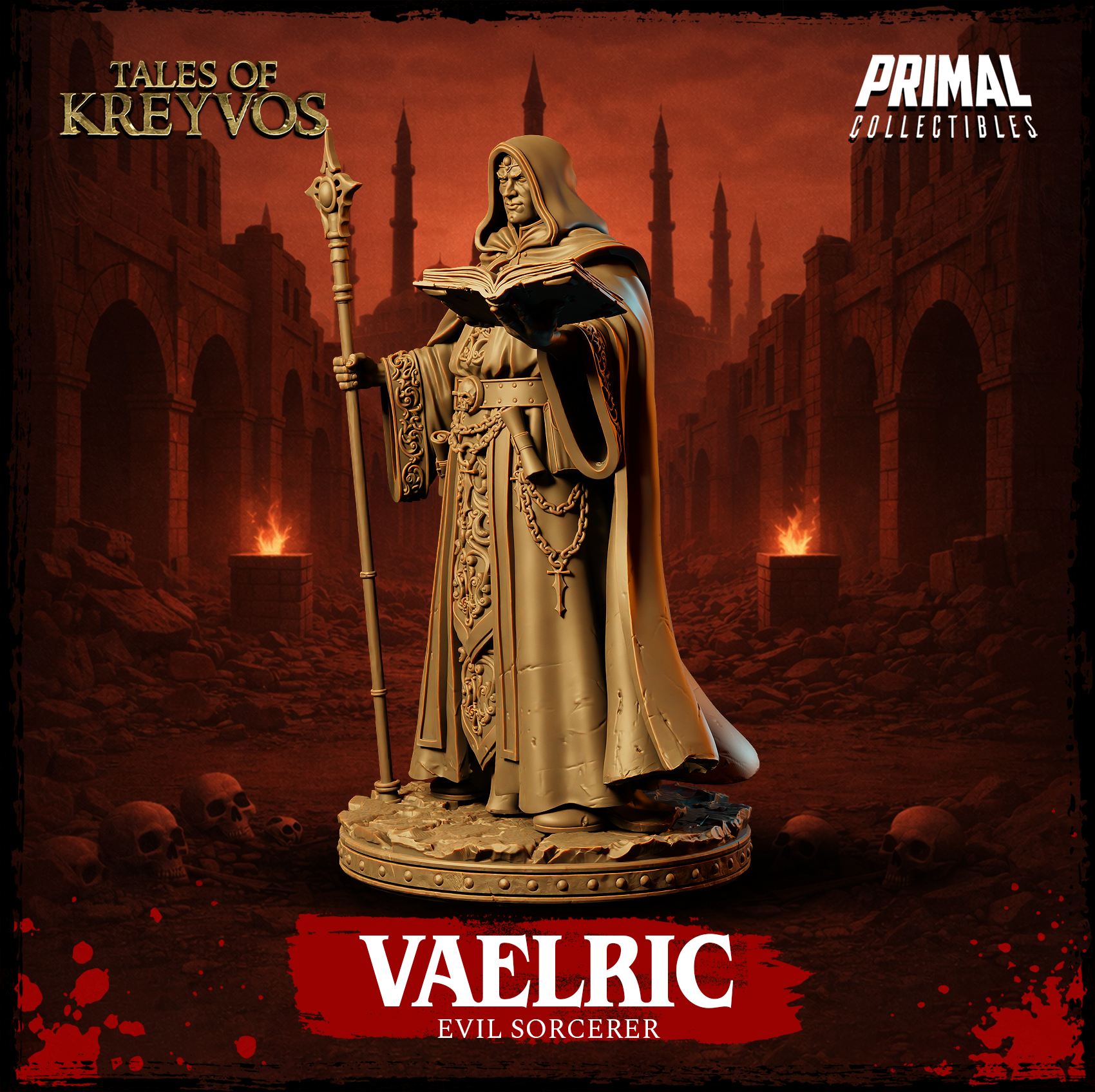 Vaelric Evil Sorcerer miniature from a slightly lower angle, dark hooded cloak billowing to one side revealing a teal inner lining, ornate robe panel and skull belt clearly visible, staff raised, tome open in his other hand. Sculpt by Primal Collectibles.
