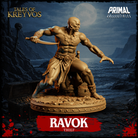 Powerful bare-chested male figure leaning forward with one knee raised, right hand gripping a short sword low, left hand open and extended, ornate ankle wrappings and belt buckle detailed, treasure chest and coin scatter on the base. Sculpt by Primal Collectibles.