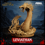 Leviathan creature miniature with crested dragon head tilted back, wide open jaws, long scaled neck arching over a sculpted breaking wave and riveted circular base. By Primal Collectibles.