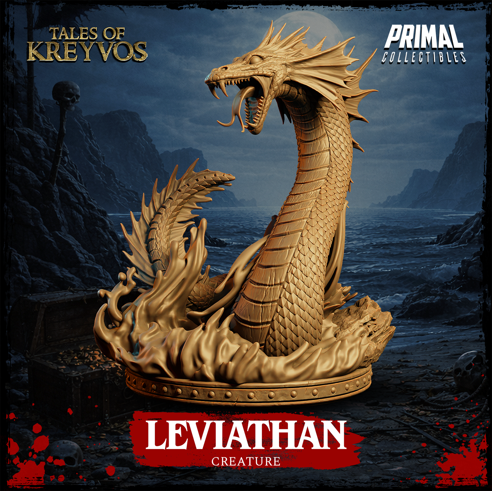Leviathan creature miniature with crested dragon head tilted back, wide open jaws, long scaled neck arching over a sculpted breaking wave and riveted circular base. By Primal Collectibles.