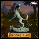 Digital render of the Questing Beast miniature from Chronicles of Excalibur — rear three-quarter view showing the creature rearing on its hind legs with scaled neck arched back and jaws wide open, horned head facing forward, shaggy fur covering the torso and haunches, on a scenic base with wild plants