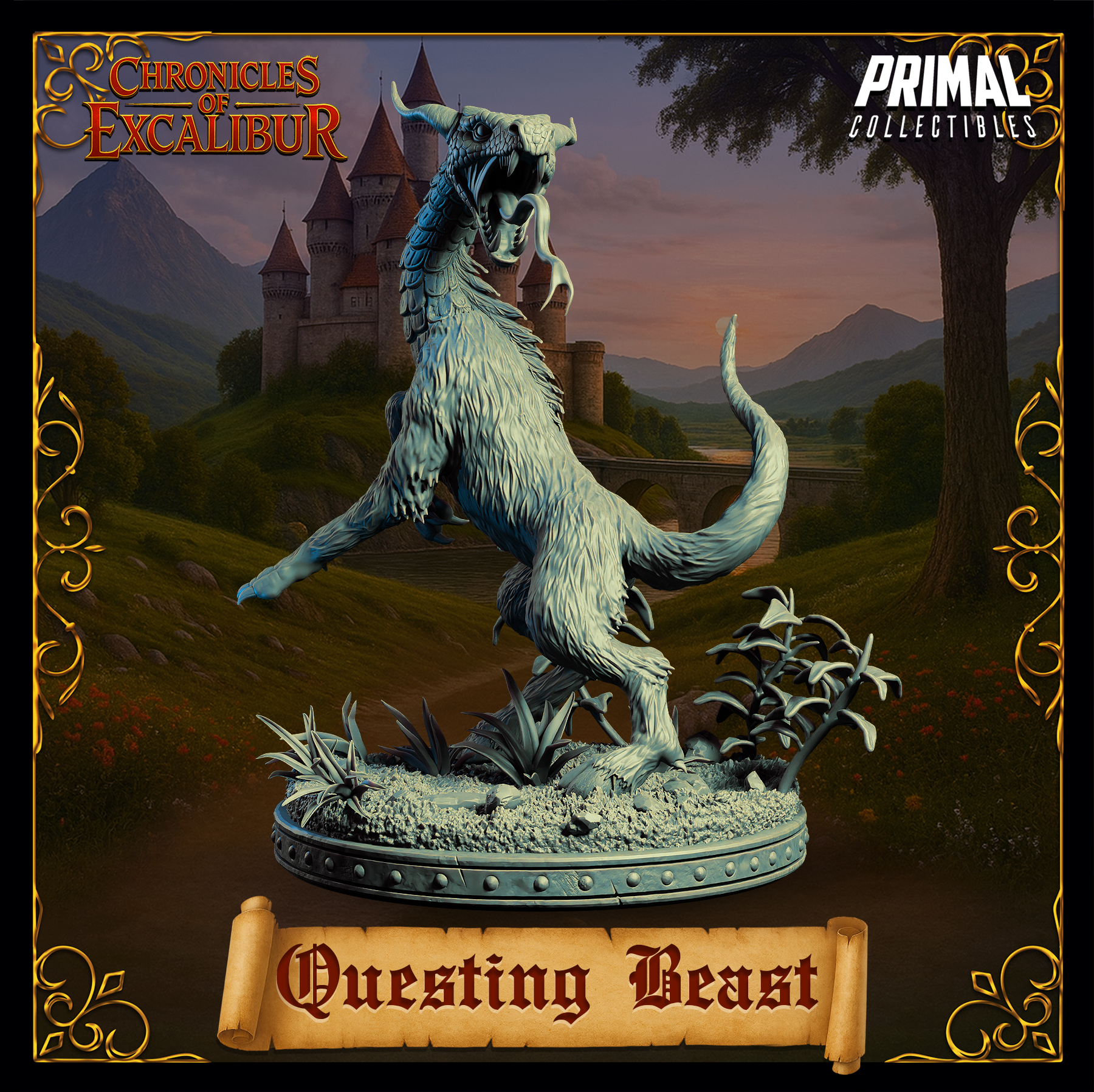 Digital render of the Questing Beast miniature from Chronicles of Excalibur — rear three-quarter view showing the creature rearing on its hind legs with scaled neck arched back and jaws wide open, horned head facing forward, shaggy fur covering the torso and haunches, on a scenic base with wild plants