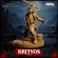 Close detail of the pirate Kreyvos sculpt showing the skull-adorned belt, tattered cloth hanging from the waist, and the figure's wide combat stance over a bone-covered wooden base. Primal Collectibles.