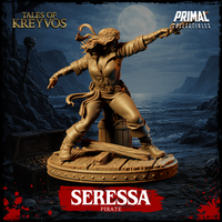 Seressa the pirate braced in a fighting stance, right arm raised with a dagger, left hand holding a second blade low, snarling expression, beside a studded barrel on a timber base. Primal Collectibles.
