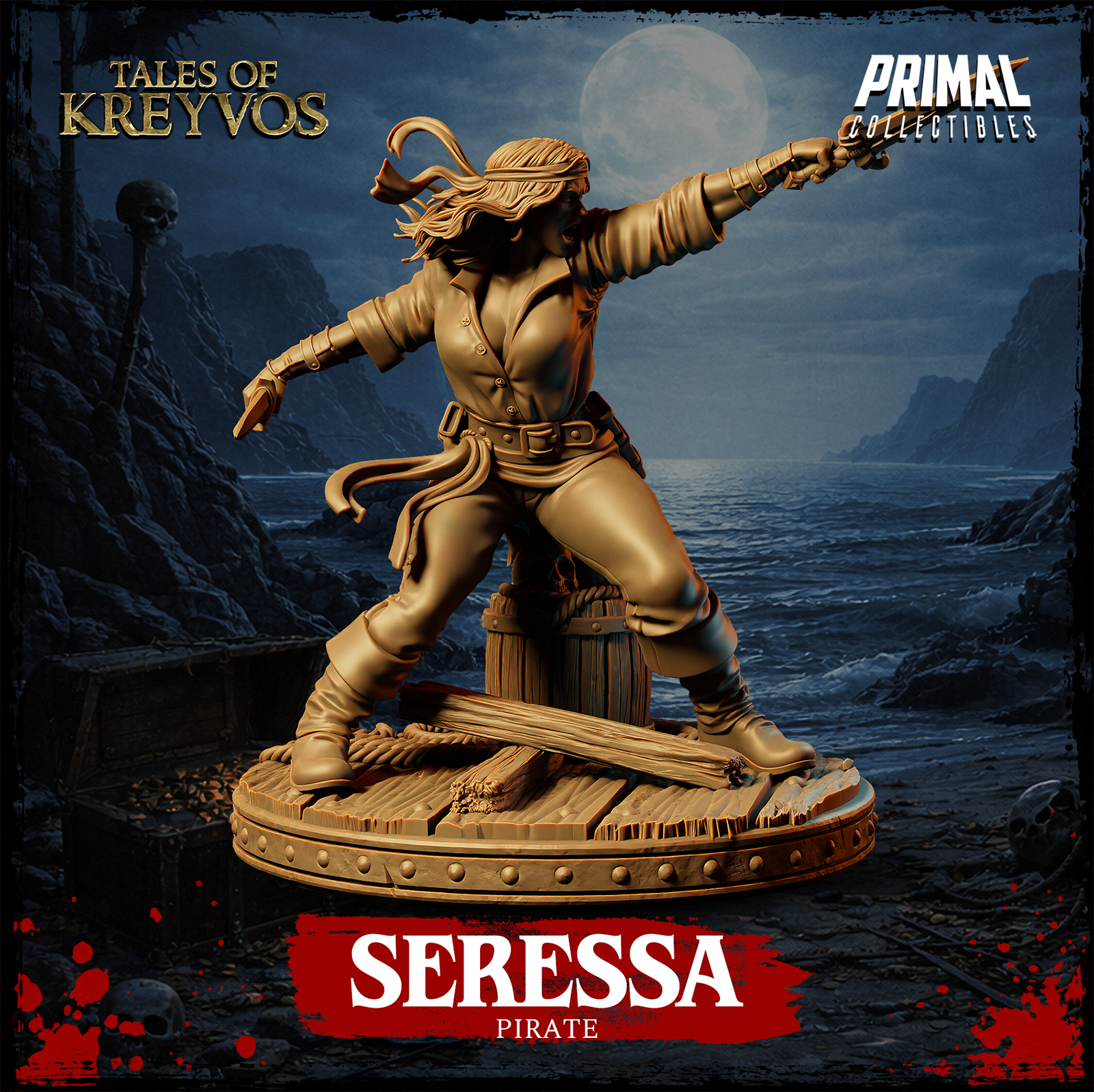 Seressa the pirate braced in a fighting stance, right arm raised with a dagger, left hand holding a second blade low, snarling expression, beside a studded barrel on a timber base. Primal Collectibles.