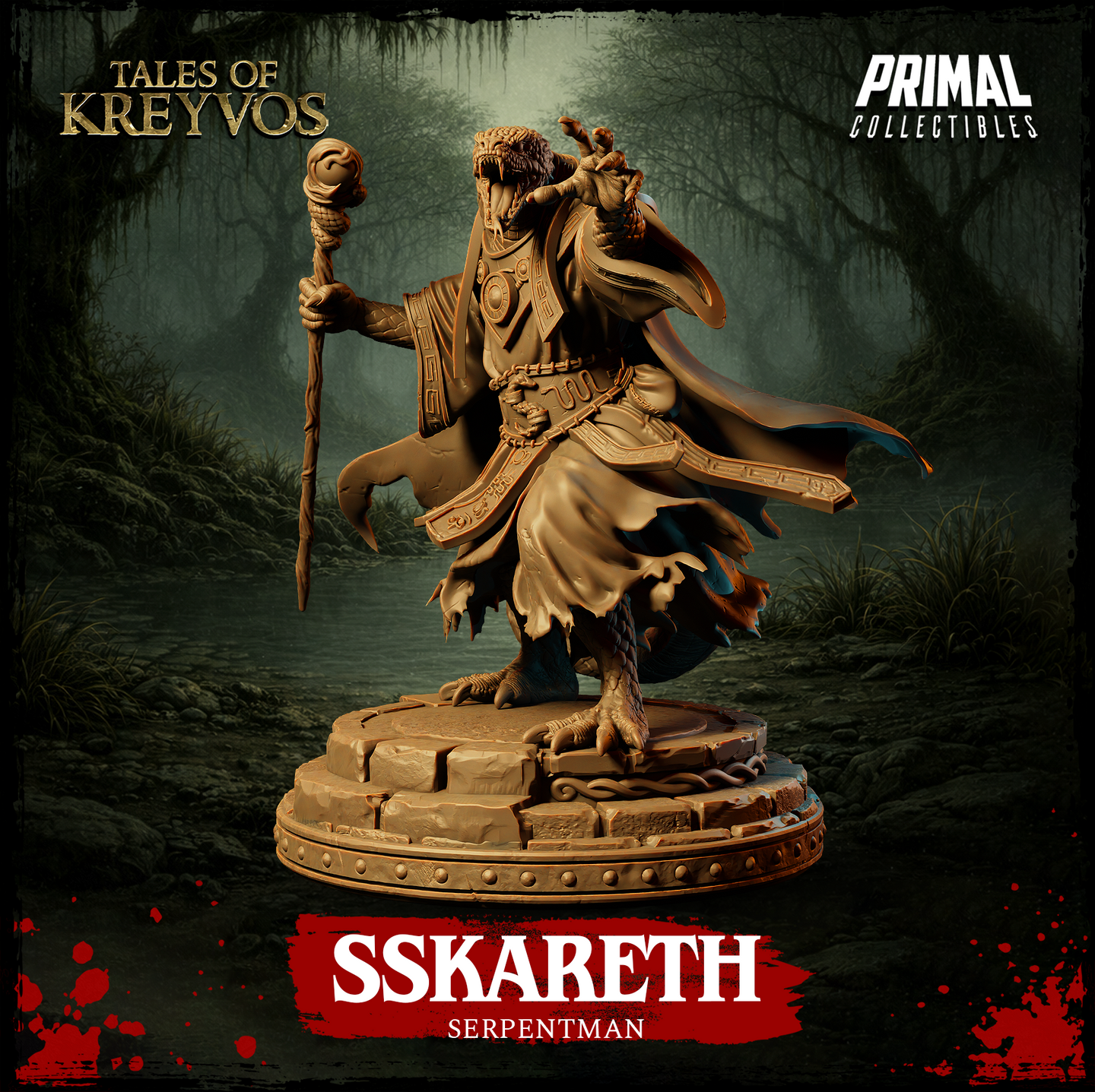 Three-quarter side view of Sskareth the Serpentman unpainted resin miniature render — highlighting the flowing tattered robes, chain belt, engraved geometric panels, and the raised clawed hand against a dark misty swamp environment backdrop