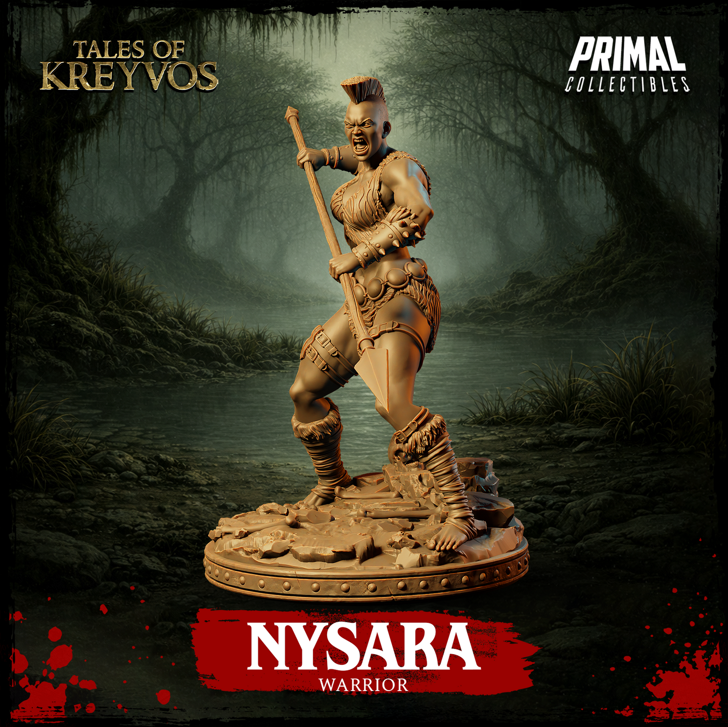 32mm resin miniature of Nysara warrior coiling inward with spear pulled back, mouth open in a battle cry, spiked bracers and hide wrappings visible — Tales of Kreyvos by Primal Collectibles, unpainted gold render