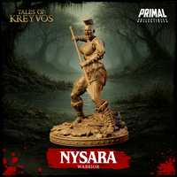 32mm resin miniature of Nysara warrior coiling inward with spear pulled back, mouth open in a battle cry, spiked bracers and hide wrappings visible — Tales of Kreyvos by Primal Collectibles, unpainted gold render