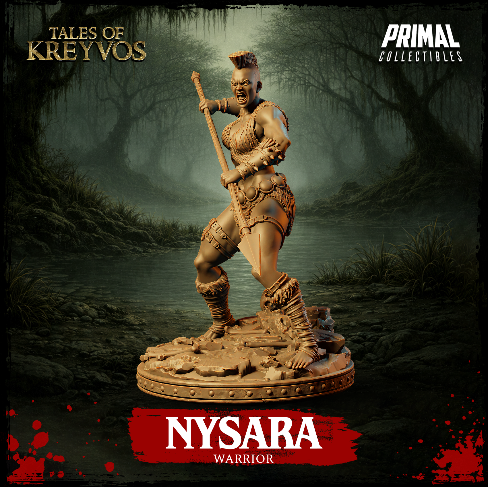 32mm resin miniature of Nysara warrior coiling inward with spear pulled back, mouth open in a battle cry, spiked bracers and hide wrappings visible — Tales of Kreyvos by Primal Collectibles, unpainted gold render