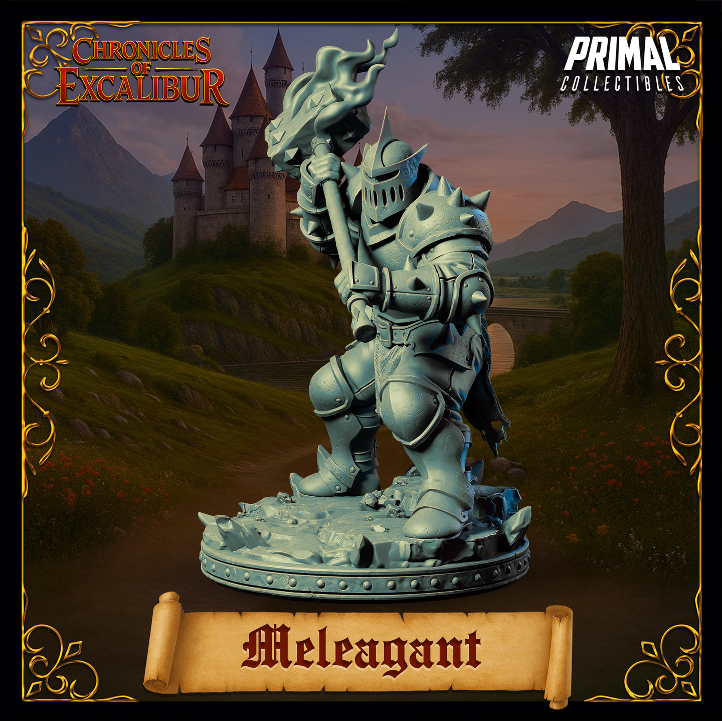Meleagant miniature side-angle render — spiked plate armour knight stepping forward with flaming maul raised, showing detailed pauldrons, tattered tabard, and broken stone base terrain from the Chronicles of Excalibur range
