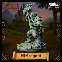 Meleagant miniature side-angle render — spiked plate armour knight stepping forward with flaming maul raised, showing detailed pauldrons, tattered tabard, and broken stone base terrain from the Chronicles of Excalibur range