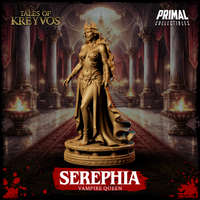 Three-quarter body render of Serephia Vampire Queen by Primal Collectibles — female figure with cascading hair, ornamental horned helm, layered gold chain adornments, split skirt and trailing cape, fingers extended at her sides, standing on a round stone base.