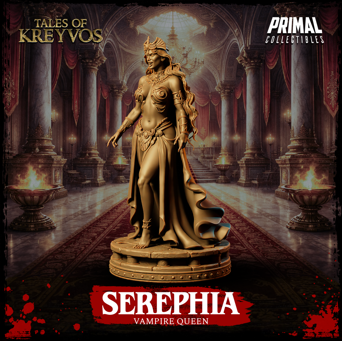 Three-quarter body render of Serephia Vampire Queen by Primal Collectibles — female figure with cascading hair, ornamental horned helm, layered gold chain adornments, split skirt and trailing cape, fingers extended at her sides, standing on a round stone base.