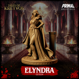 Queen Elyndra three-quarter view with one hand resting at her hip, cape swept to one side, strapped sandals visible beneath the split hem of her gown, standing beside a column prop on a round scenic base. Primal Collectibles.